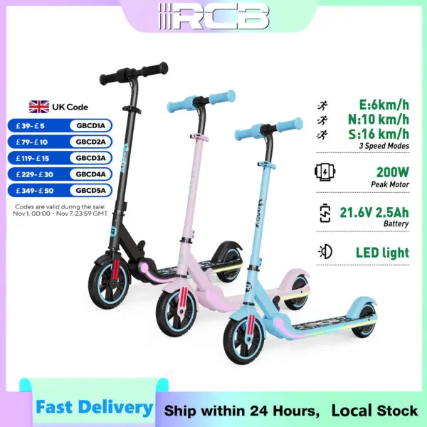RCB Electric Scooter for Kids, 150W Motor - Max 9.3mph - Bluetooth Speaker - Colorful LED Lights - Foldable - LED Display