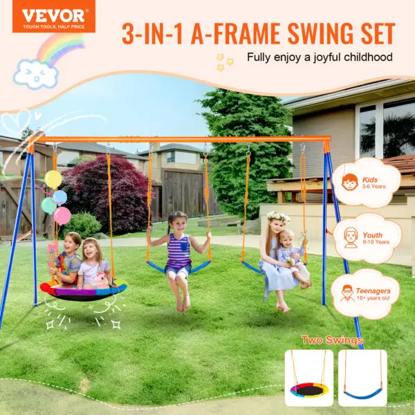 VEVOR Swing Sets for Backyard 600lbs Capacity Swing Set with 1 Saucer Swing Seat 2 Belt Swing Seats Swingset Outdoor for Kids - Image 2