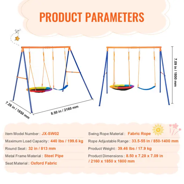 VEVOR Swing Sets for Backyard 600lbs Capacity Swing Set with 1 Saucer Swing Seat 2 Belt Swing Seats Swingset Outdoor for Kids - Image 9