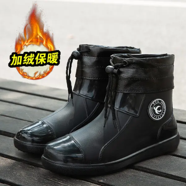 Rain boots mens non-slip rain boots large size velvet warm rubber shoes short outdoor fishing waterproof shoes for men and women - Image 2