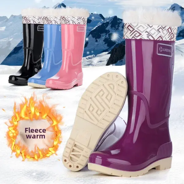 Fashionable High-Tube Women's Rain Boots Fleece-Lined Waterproof Non-Slip PVC Shoes Ideal for Sea Rushing Activities