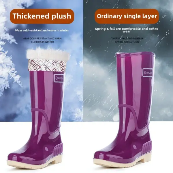 Fashionable High-Tube Women's Rain Boots Fleece-Lined Waterproof Non-Slip PVC Shoes Ideal for Sea Rushing Activities - Image 4