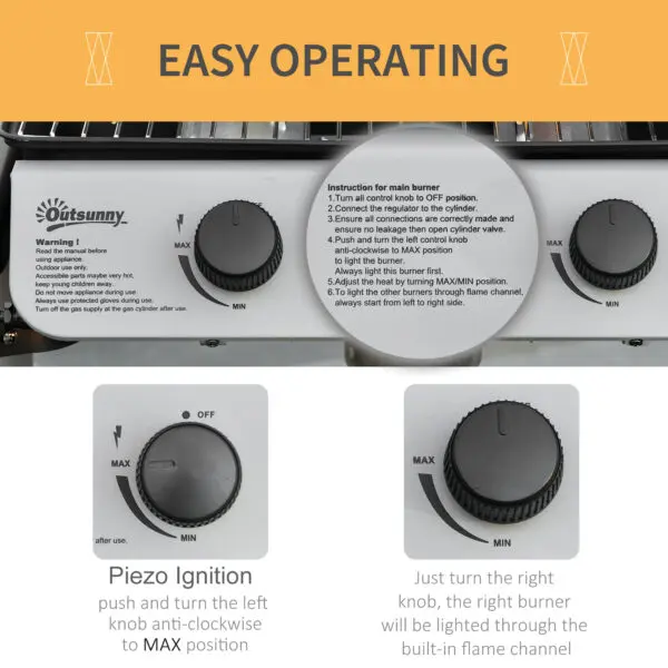 Outsunny Propane Gas Barbecue Grill 2 Burner Cooking BBQ 5.6 kW w/ Side Shelves - Image 5