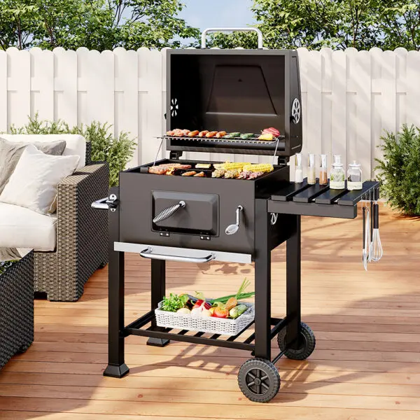 BreeinsCharcoal Grill, Adjustable Charcoal Tray, Pull-out Ash Tray, Heavy Duty Barbecue Grill with Wheels