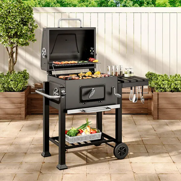 BreeinsCharcoal Grill, Adjustable Charcoal Tray, Pull-out Ash Tray, Heavy Duty Barbecue Grill with Wheels - Image 2