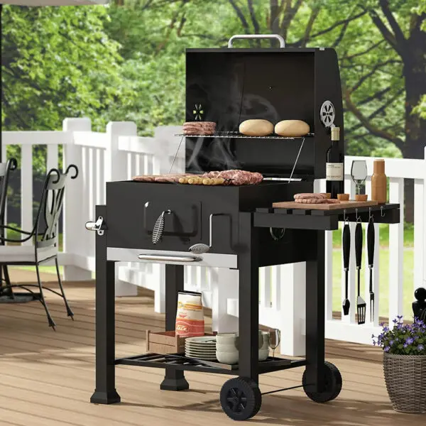 BreeinsCharcoal Grill, Adjustable Charcoal Tray, Pull-out Ash Tray, Heavy Duty Barbecue Grill with Wheels - Image 3