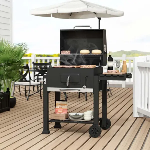 BreeinsCharcoal Grill, Adjustable Charcoal Tray, Pull-out Ash Tray, Heavy Duty Barbecue Grill with Wheels - Image 4