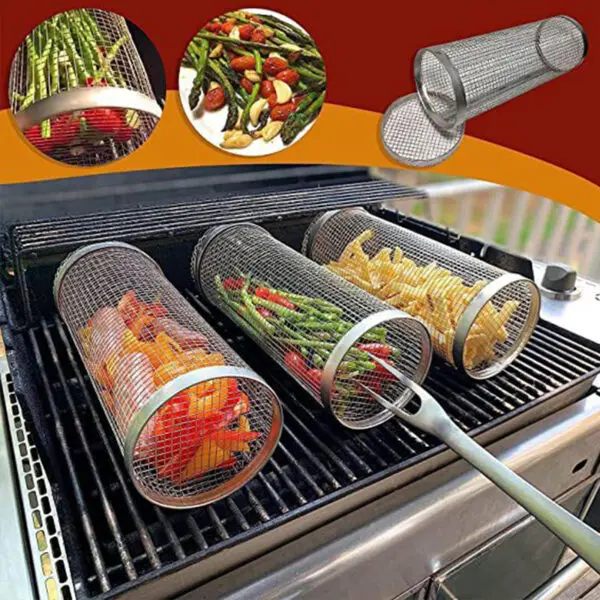 BBQ Grill Basket Rolling Grilling Basket Barbecue Cages Barbecue Grill Grate Cylinder Grilling Baskets for Outdoor Camping