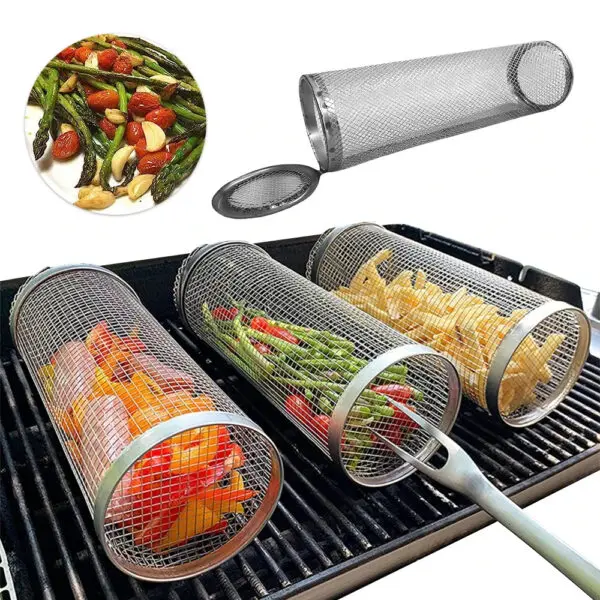 BBQ Grill Basket Rolling Grilling Basket Barbecue Cages Barbecue Grill Grate Cylinder Grilling Baskets for Outdoor Camping - Image 2