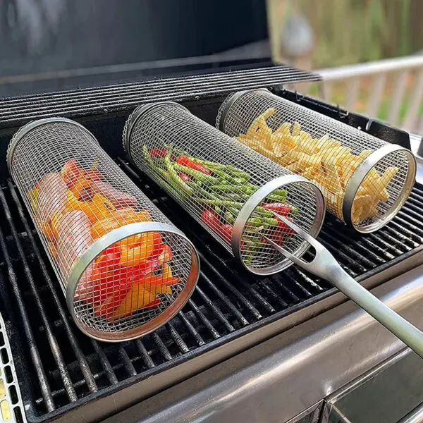 BBQ Grill Basket Rolling Grilling Basket Barbecue Cages Barbecue Grill Grate Cylinder Grilling Baskets for Outdoor Camping - Image 3