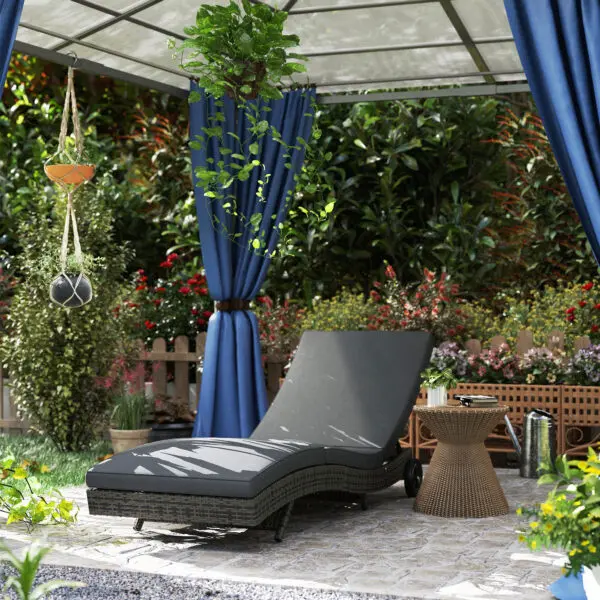 Outsunny Outdoor PE Rattan Sun Lounger, Wicker Garden Lounger with Cushion, 5-Level Backrest, Rolling Sunbed with Wheels