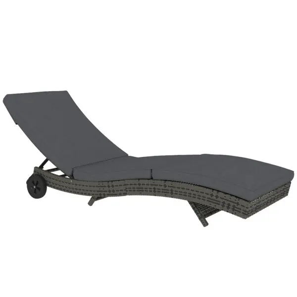 Outsunny Outdoor PE Rattan Sun Lounger, Wicker Garden Lounger with Cushion, 5-Level Backrest, Rolling Sunbed with Wheels - Image 2