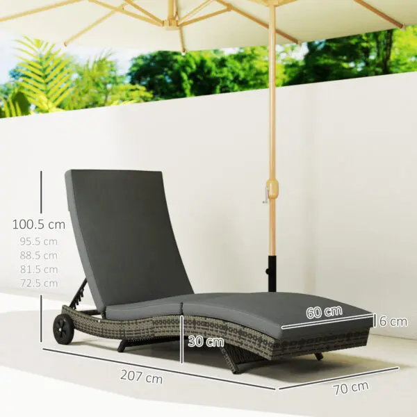 Outsunny Outdoor PE Rattan Sun Lounger, Wicker Garden Lounger with Cushion, 5-Level Backrest, Rolling Sunbed with Wheels - Image 3