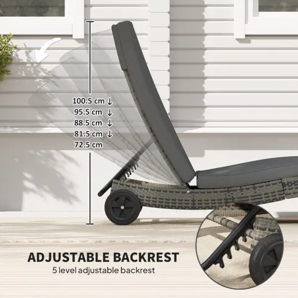 Outsunny Outdoor PE Rattan Sun Lounger, Wicker Garden Lounger with Cushion, 5-Level Backrest, Rolling Sunbed with Wheels - Image 5