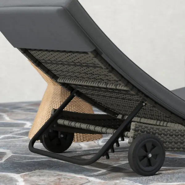 Outsunny Outdoor PE Rattan Sun Lounger, Wicker Garden Lounger with Cushion, 5-Level Backrest, Rolling Sunbed with Wheels - Image 6
