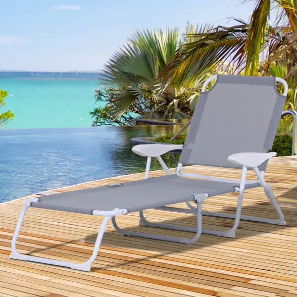 Outsunny Foldable Sun Lounger, Outdoor 4 Level Adjustable Backrest Reclining Lounge Chair with Armrests for Patio, Garden, Grey