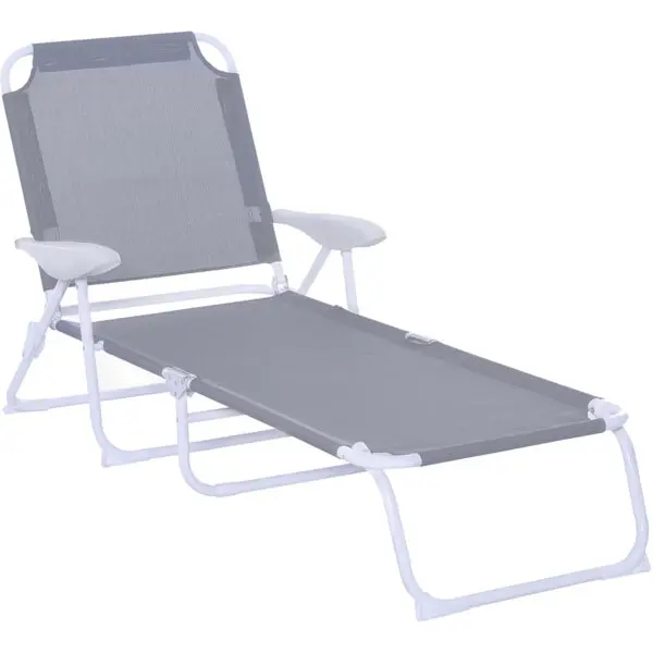 Outsunny Foldable Sun Lounger, Outdoor 4 Level Adjustable Backrest Reclining Lounge Chair with Armrests for Patio, Garden, Grey - Image 2