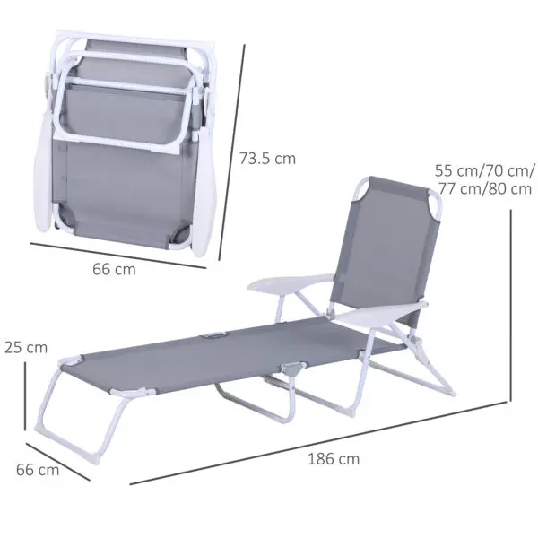Outsunny Foldable Sun Lounger, Outdoor 4 Level Adjustable Backrest Reclining Lounge Chair with Armrests for Patio, Garden, Grey - Image 3