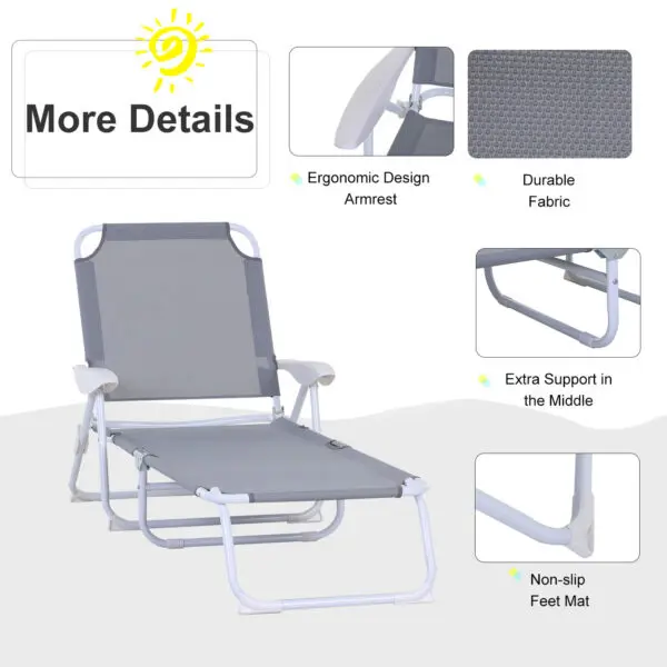 Outsunny Foldable Sun Lounger, Outdoor 4 Level Adjustable Backrest Reclining Lounge Chair with Armrests for Patio, Garden, Grey - Image 4