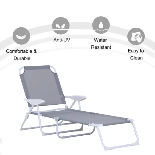 Outsunny Foldable Sun Lounger, Outdoor 4 Level Adjustable Backrest Reclining Lounge Chair with Armrests for Patio, Garden, Grey - Image 5