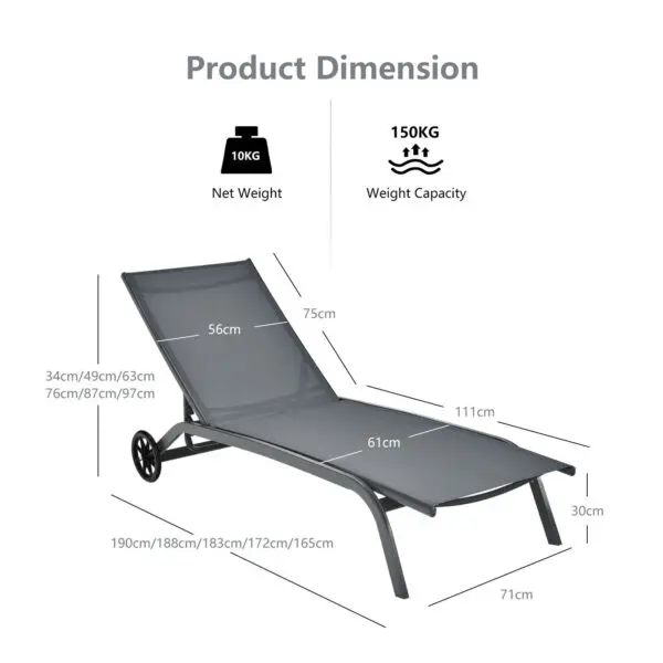 GOFLAME Garden Sun Lounger with Wheels 6 Positions Adjustable Chaise Lounge Deck Sunbed - Image 2