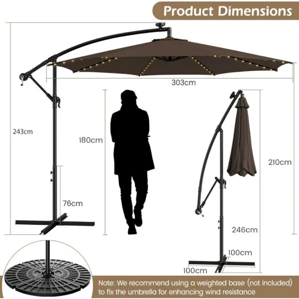 3M Cantilever Garden Parasol, Offset Banana Umbrella with Tilted Design, Crank Handle & Cross Base, Outdoor Hanging Sun Shade - Image 2