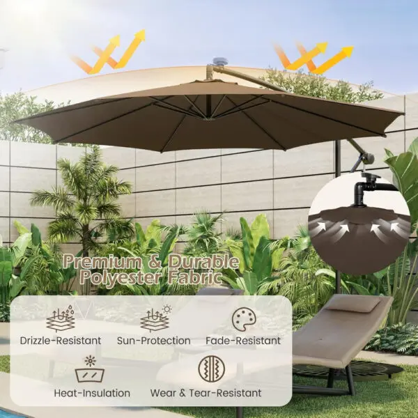 3M Cantilever Garden Parasol, Offset Banana Umbrella with Tilted Design, Crank Handle & Cross Base, Outdoor Hanging Sun Shade - Image 4