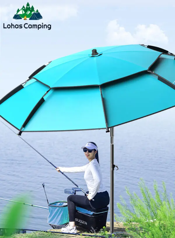 Lohascamping 2.0-2.4M Double-Layer Fold Parasol Fishing Umbrella Outdoor Camping Umbrella for Beach Garden Windproof Umbrella