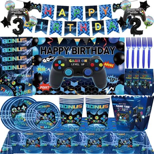 Video Game Birthday Decoration Tableware Cups Napkin Plates Tablecloth Gamepad Balloons For Kids Video Game Theme Party Supplies