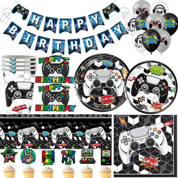 Video Game Birthday Decoration Tableware Cups Napkin Plates Tablecloth Gamepad Balloons For Kids Video Game Theme Party Supplies - Image 5
