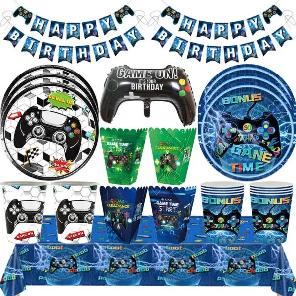 Video Game Birthday Decoration Tableware Cups Napkin Plates Tablecloth Gamepad Balloons For Kids Video Game Theme Party Supplies - Image 6