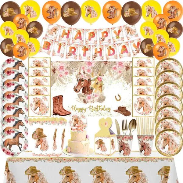 Horse Racing Themed Birthday Party Disposable Tableware Cup Plate Napkin Horse Decoration Balloon Backdrop Banner Party Supplies