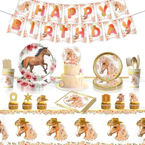 Horse Racing Themed Birthday Party Disposable Tableware Cup Plate Napkin Horse Decoration Balloon Backdrop Banner Party Supplies - Image 3