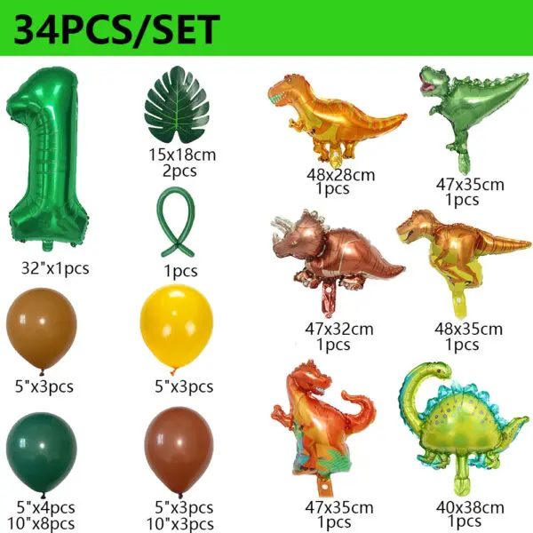 34Pcs 1 2 3 Years Dinosaur Birthday Party Dino Balloons Palm Leaf Set First Bthday Boy Party Kids Baby Shower Jungle Safari Deco - Image 2