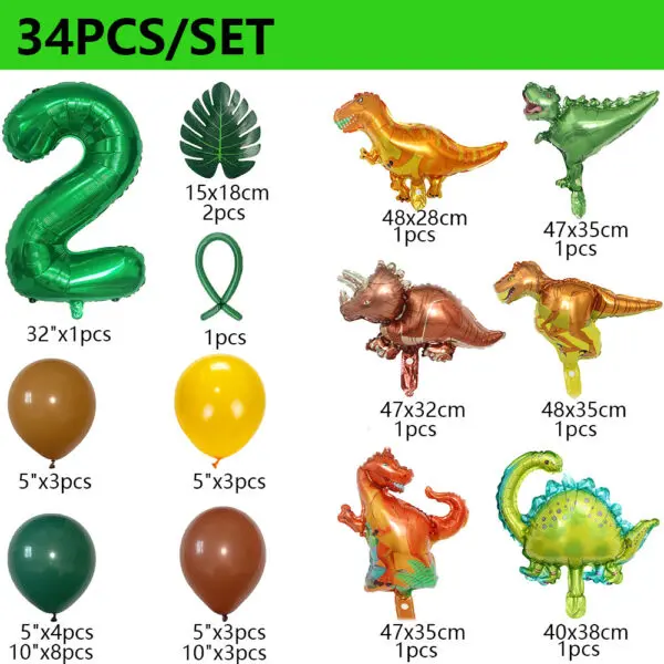 34Pcs 1 2 3 Years Dinosaur Birthday Party Dino Balloons Palm Leaf Set First Bthday Boy Party Kids Baby Shower Jungle Safari Deco - Image 3