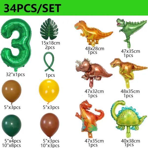 34Pcs 1 2 3 Years Dinosaur Birthday Party Dino Balloons Palm Leaf Set First Bthday Boy Party Kids Baby Shower Jungle Safari Deco - Image 4