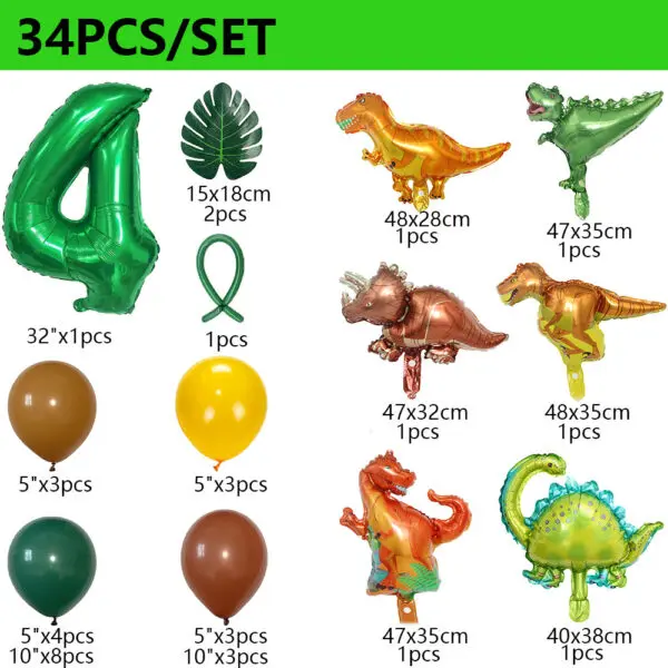 34Pcs 1 2 3 Years Dinosaur Birthday Party Dino Balloons Palm Leaf Set First Bthday Boy Party Kids Baby Shower Jungle Safari Deco - Image 5