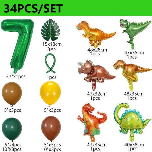 34Pcs 1 2 3 Years Dinosaur Birthday Party Dino Balloons Palm Leaf Set First Bthday Boy Party Kids Baby Shower Jungle Safari Deco - Image 9