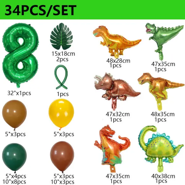 34Pcs 1 2 3 Years Dinosaur Birthday Party Dino Balloons Palm Leaf Set First Bthday Boy Party Kids Baby Shower Jungle Safari Deco - Image 10