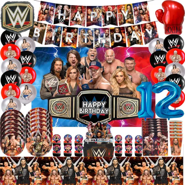 WWE World Wrestling Balloons Waistband Birthday Party Decors Boy Favors Banner Backdrop Plate Cake Toppers Foil Boxing Ballons