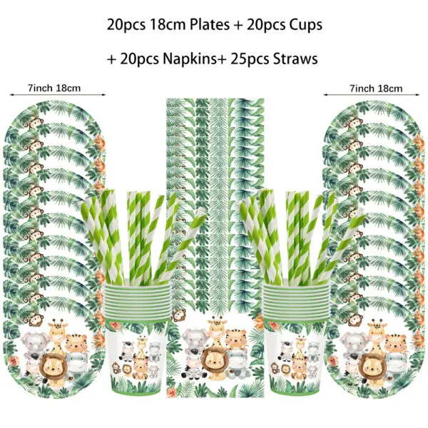 Jungle Birthday Disposable Tableware Wild One Paper Plates Cups Napkins Tablecloth Safari Jungle Animals Theme Party Decorations - Image 2