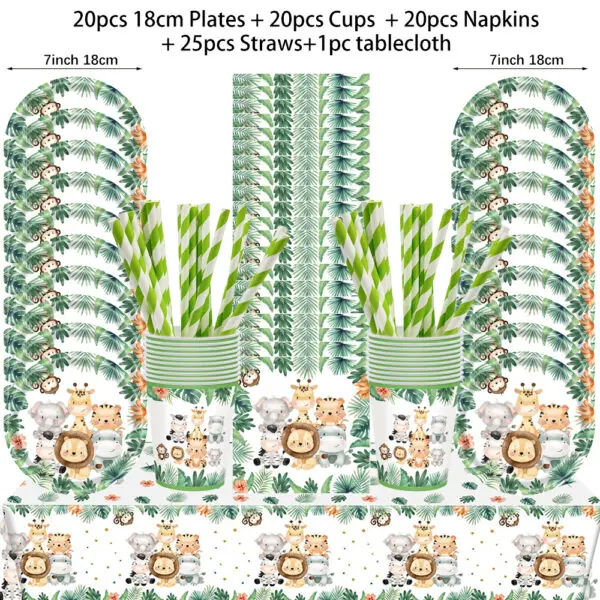 Jungle Birthday Disposable Tableware Wild One Paper Plates Cups Napkins Tablecloth Safari Jungle Animals Theme Party Decorations - Image 8