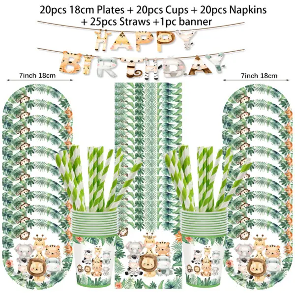 Jungle Birthday Disposable Tableware Wild One Paper Plates Cups Napkins Tablecloth Safari Jungle Animals Theme Party Decorations - Image 9