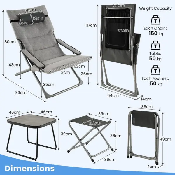 GOFLAME 5pcs Patio Folding Sling Chair Set Ottoman Table Portable Headrest Outdoor Beach - Image 2