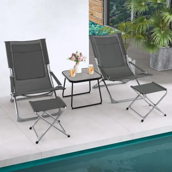 GOFLAME 5pcs Patio Folding Sling Chair Set Ottoman Table Portable Headrest Outdoor Beach - Image 3