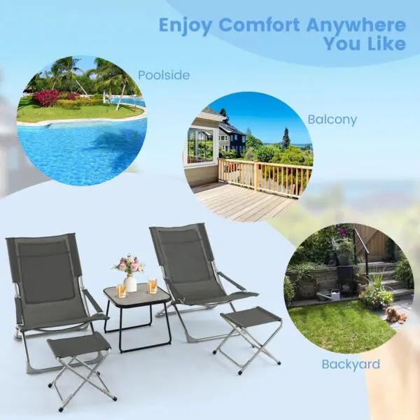 GOFLAME 5pcs Patio Folding Sling Chair Set Ottoman Table Portable Headrest Outdoor Beach - Image 5