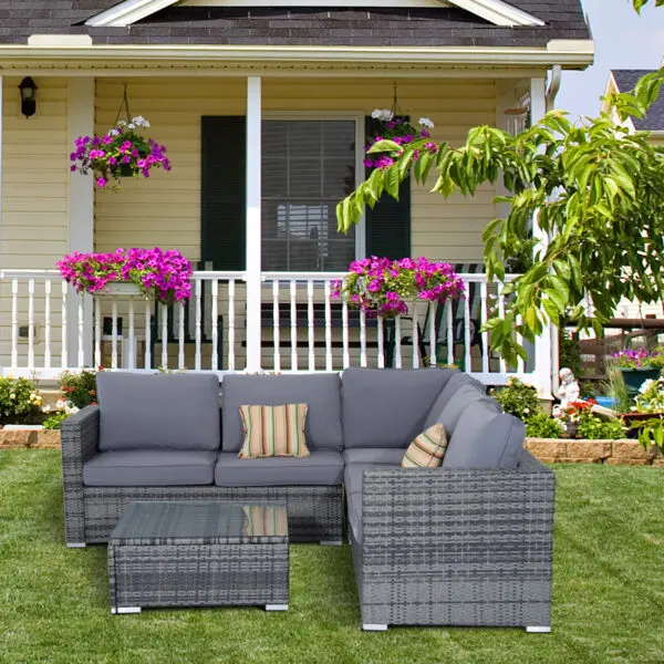 Outsunny 4 Pieces Rattan Garden Furniture Set, Wicker Outdoor Furniture with Corner Sofa Loveseat Coffee Table Cushions - Image 2
