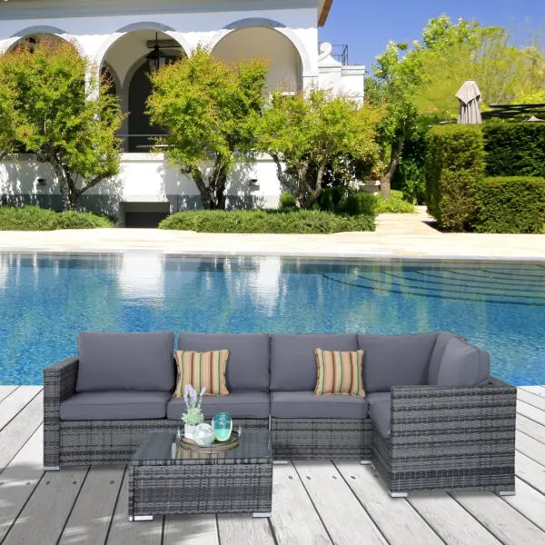 Outsunny 4 Pieces Rattan Garden Furniture Set, Wicker Outdoor Furniture with Corner Sofa Loveseat Coffee Table Cushions - Image 3