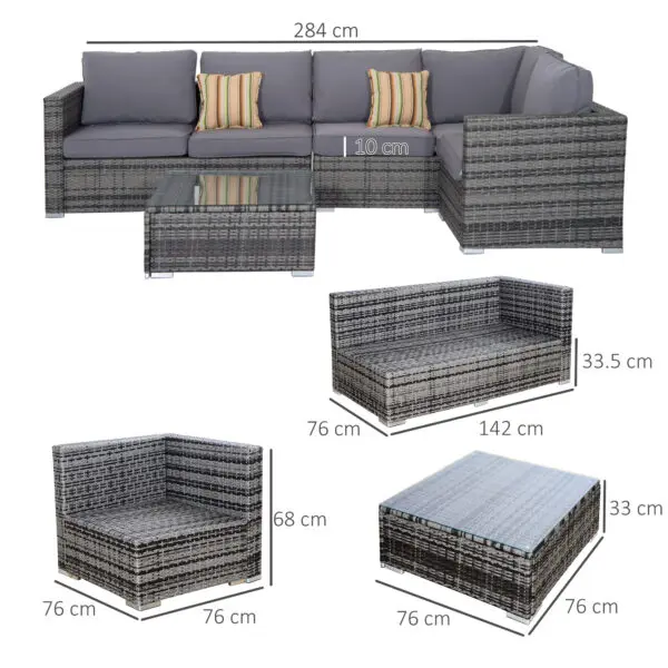 Outsunny 4 Pieces Rattan Garden Furniture Set, Wicker Outdoor Furniture with Corner Sofa Loveseat Coffee Table Cushions - Image 4