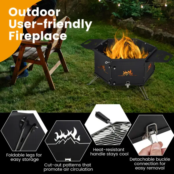 GOFLAME Outdoor Fire Stove with Grill, Portable Charcoal Barbecue Grill with Bakelite Handles - Image 6